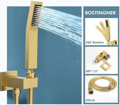 Shower System with Body Jets,Bostingner 12" Rain Shower and Handheld, Can Use All Spray at A Time,Wall Mount Push Button Shower Faucet Set with Valve and Trim Kit Included,Brushed Gold - color: Gold, size: 12 Inch