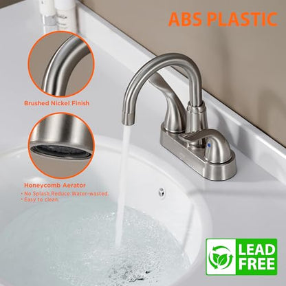 Bathroom Sink Faucet 2 or 3 Hole Brushed Nickel Centerset 4 Inch | Bathroom Sink Faucet 2 Handle Over ABS Non-Metallic Lavatory Bathroom Faucet with Pop up Drain Water Supply Hoses