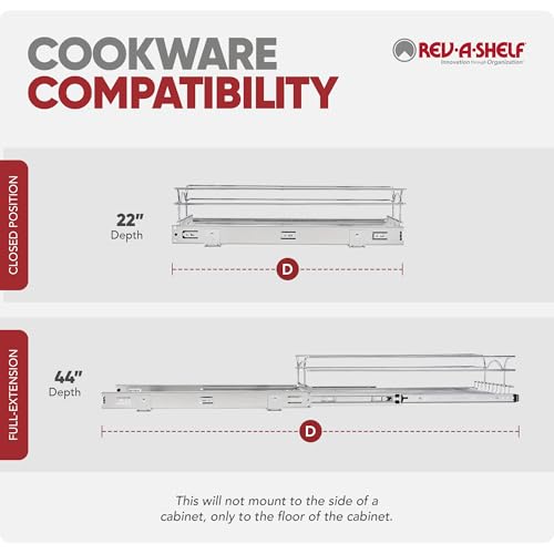 Rev-A-Shelf Steel Wire Pullout Drawer Organizer Shelf for Kitchen Cabinets, Slide Out Storage Basket, Min Opening Width of 11.5" W, 12" x 22", 5WB1-1222CR-1 - size: 12" W x 22"D, style: Single Tier