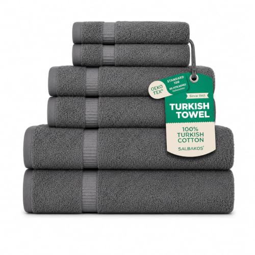 SALBAKOS 100% Turkish Cotton Bathroom Towel Set of 6-Piece, Gray | 630 Gsm Thick Super Soft Highly Absorbent 2 Bath + 2 Hand + 2 Washcloth Towels Sets, Giftable, Hotel Quality, Made in Turkey - color: Gray, size: 6 Piece Towel Set