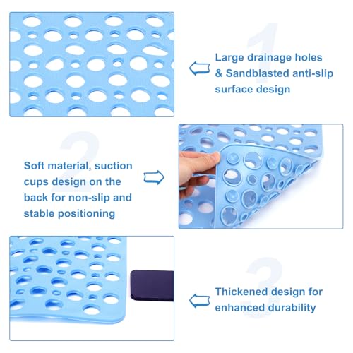 HARFINGTON 2pcs Nonslip Bathtub Mat 29.5"x17" TPE Anti-Slip Washable Tub Shower Mats with Suction Cups and Drain Holes for Bathroom Kitchen Bathtub Treads Stairs, Blue