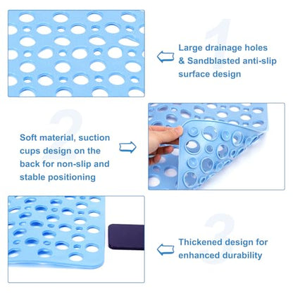 HARFINGTON 2pcs Nonslip Bathtub Mat 29.5"x17" TPE Anti-Slip Washable Tub Shower Mats with Suction Cups and Drain Holes for Bathroom Kitchen Bathtub Treads Stairs, Blue