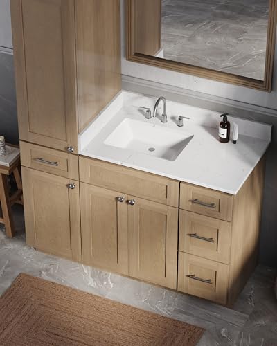 51" Bathroom Vanity with Linen Storage Tower and 4 Drawers, Carrara Quartz Top and Ceramic Sink, Left or Right Tower Option, Solid Wood Frame, 52" x 22" x 72" (Natural Oak, Left Tall Cabinet) - color: Natural Oak