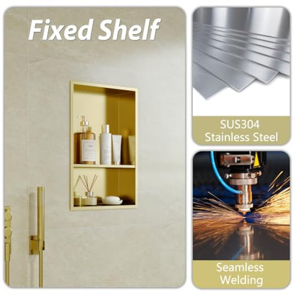 Qeke 12" x 18" Stainless Steel Shower Niche w/Double Shelves, Brushed Golden - color: Brushed Golden, size: 12X18"