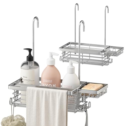 Hanging Shower Caddy, 304 Stainless Steel Shower Organizer with Towel Bar & Hooks, Over Shower Rod, Towel Bar or Glass Panel Storage Basket with Soap Holder, Rustproof Bathroom Caddy, 2 Pack - size: 2 Pack