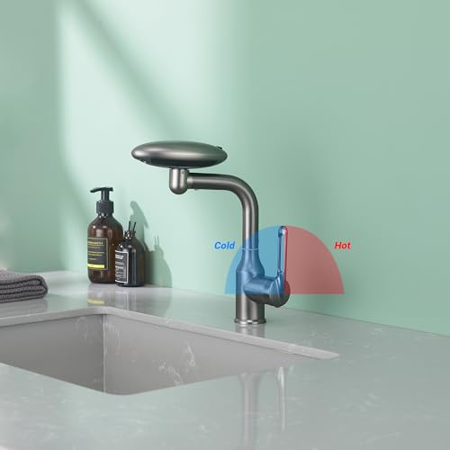 Bathroom Sink Faucet 1 Hole, Gunmetal Grey Multifunctional Basin Faucet with 4 Water Outlet Modes, Modern 360°Rotatable Bar Tap with Two Water Supply Pipes - color: Gray