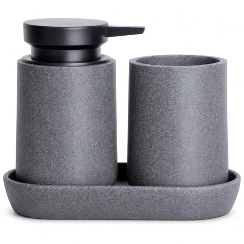 Clasin Home 3 Pcs Bathroom Accessories Set, Liquid Soap Dispenser with Large Pump, Toothbrush Holder Cup and Soap Dish, Sandstone Texture Bathroom Counter Set for Modern Home (Gray) - color: Gray