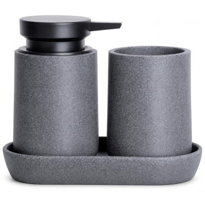 Clasin Home 3 Pcs Bathroom Accessories Set, Liquid Soap Dispenser with Large Pump, Toothbrush Holder Cup and Soap Dish, Sandstone Texture Bathroom Counter Set for Modern Home (Gray) - color: Gray