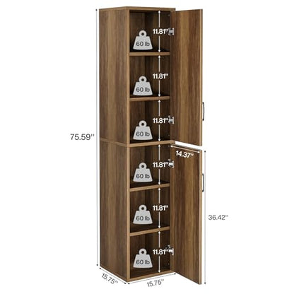 Tribesigns 75" Tall Narrow Storage Cabinet, 15 Inch Wide Wood Kitchen Pantry Cabinet with Doors and 6 Shelves, Free Standing Utility Cabinet for Bathroom, Small Space, Laudry, Brown