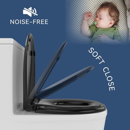 JINGZE Round Toddler Toilet Seat Adult/Child,Built-In Potty Training Seat, Soft Quiet Close Non-Slip Seat,Magnetic Kids Seat and Cover,Black - color: Black, size: Round 16.5inch with Baby Seat