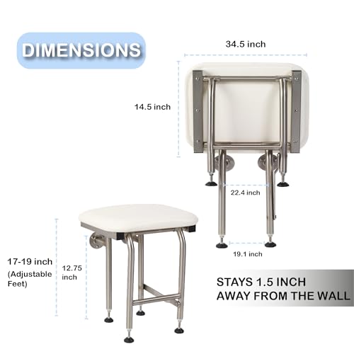 Padded Folding Shower Seat with Legs - Wall Mount Bench for Inside Shower / Bathroom Safety Assist / 304 Stainless Steel / Marine Vinyl / 34.5" x 16" - size: 34.5 x 16"