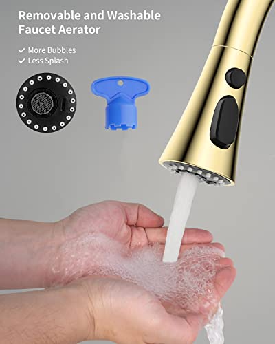 Hibbent 3-Function Pull Down Kitchen Faucet Head Replacement with 12 Adapters, NSF/ANSI/CAN 61 & CUPC Certified Sink Spray Nozzle, Compatible with Moen, Delta, Kohler Faucets, Polished Brass - color: Polished Brass