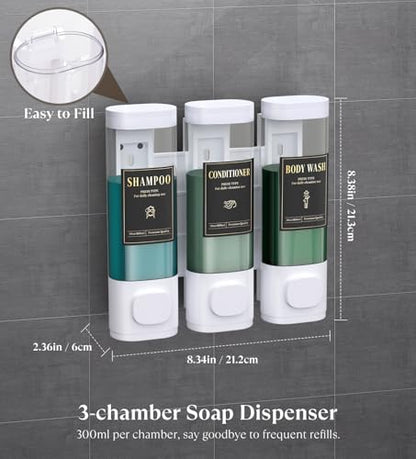 Luxspire Shampoo and Conditioner Dispenser, Shower Soap Dispenser 3-Chamber | Lockable Large Capacity 900ml No-Drill Wall-Mounted Shampoo and Body Wash Dispenser for Bathroom Hotel Kitchen Airbnb - color: White, size: 3 Chamber