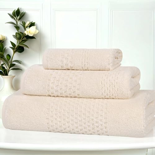 Superior Playa Zero Twist Cotton Medium Weight Towels, for Guest Bath, Bathroom, Shower, Spa, Plush, Quick Dry, Ultra-Soft Towels, Bath Essentials, Waffle Textured, 3 Piece Assorted Towel Set, Ivory - color: Ivory, size: 3 Piece Towel Set