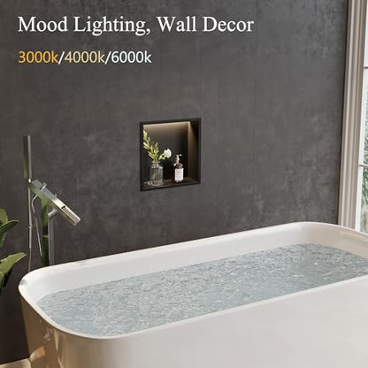 12"x12"Black LED Shower Niche,3 CCT Dimmable Light, No Tile Needed | 304 Stainless Steel Bathroom Niche w/ Light(3000K/4000K/6000K), IP66 Waterproof, Space Saving & Durable ,LED Driver Included - color: Matte Black, size: 12X12In