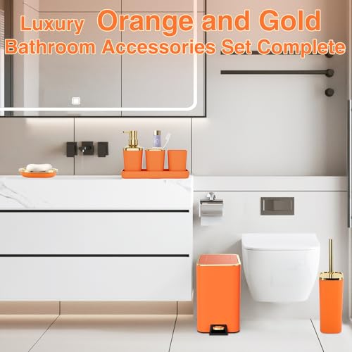 XLHOMO Bathroom Accessories 8 Piece Orange and Gold Bathroom Set, Bath Accessories with Stainless Steel Trash Can,Toilet Brush,Toothbrush Set,Soap Dispenser - size: Orange, style: Bath Set