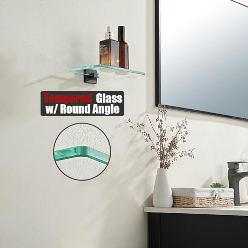 JQK Bathroom Glass Shelf Black, Tempered Glass Shower Storage 8 by 5 inches, 304 Stainless Steel Matte Black Wall Mount, TGS201L8-PB - color: Matte Black, size: 8 Inch