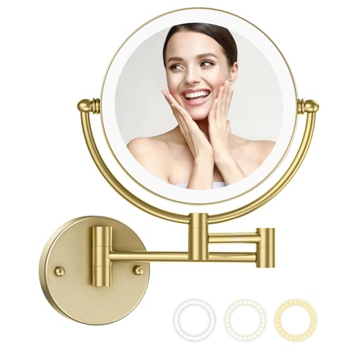 8 Inches Brass Lighted Makeup Mirror Wall Mounted with Magnification 1X/10x | Double Sided 3 Color LED Touch Dimming, 360 Swivel Extended Arm Shaving Vanity for Bathroom, Hardwired, Satin Brushed Gold - color: Satin Brushed Gold