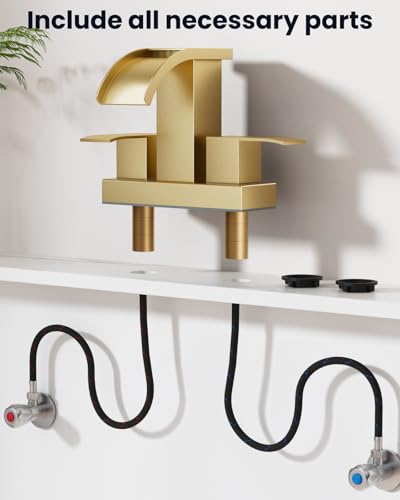 gotonovo Waterfall 4’’ Centerset Bathroom Sink Faucet Brushed Gold | 2 Handle Bathroom Faucet,SUS304,2 or 3 Hole,2.17’’ Wide Spout,24’’ cUPC Water Line,Pop Up Drain,Vanity,RV,Lavatory Modern Tap - color: Gold