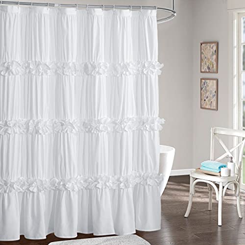 Homechoice Decor White Ruffle Shower Curtain, 72x78 | Long Bathroom Curtain with 12 Buttonholes, Vintage Handcrafted Bow Tie Bath Curtain for Master Bathroom (LQ-10) - color: White, size: 72"W x 78"L (Pack of 1)