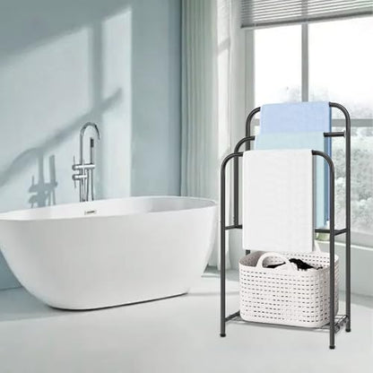 Towel Racks for Bathroom, 35" H Standing Towel Holder 3 Tier Metal Pool Towel Hanger Outdoor Floor with Storage Shelves for Blanket Bath Towel Drying (Matte Black)