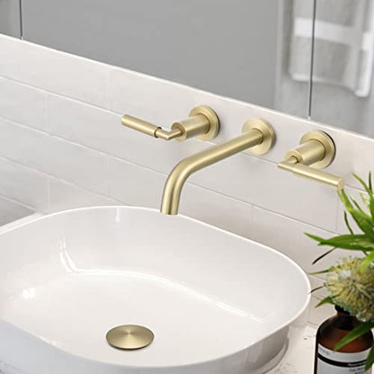 RBROHANT Gold Wall Mount Faucet with Pop up Drain Set for Sink Without Overflow, Brushed Gold Dual Handle Wall Mounted Bathroom Sink Faucet, Brass Rough-in Valve Included, RB0736D - color: Brushed Gold, style: Lever Handle Faucet with Drain