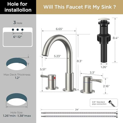 FORIOUS Bathroom Faucet 3 Hole, 360° Swivel 8" Sink Faucet Brushed Nickel | with Pop Up Drain, 2 Handles,for Sink Vanity RV Lavatory Farmhouse, 304 Stainless Steel, Lead-free, Leakproof - color: Stainless Steel