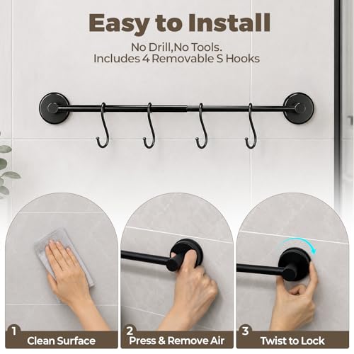 Adjustable Suction Cup Towel Bar – Towel Racks for Bathroom, 13.6-25 Inch, Stainless Steel Bathroom Towel Holder with 4 S Hooks, No Drill for Kitchen, Shower & Smooth Surfaces – Black - color: Black