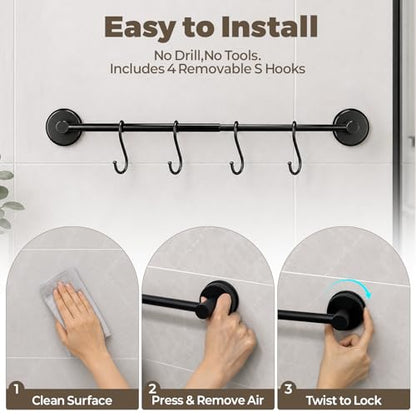 Adjustable Suction Cup Towel Bar – Towel Racks for Bathroom, 13.6-25 Inch, Stainless Steel Bathroom Towel Holder with 4 S Hooks, No Drill for Kitchen, Shower & Smooth Surfaces – Black - color: Black
