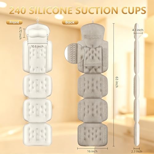 Full Body Bath Pillow, Luxury Bath Cushion with 192 Suction Cups, Bath Pillows for Tub for Head and Neck Support, with Laundry Bag White, 63" x 16" - size: 63" x 16"(Upgrade）
