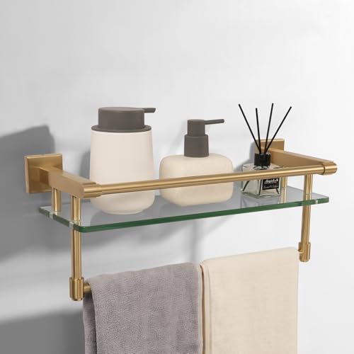 Bathroom Glass Shelf Brushed Gold Finish with Towel Rack, SUS304 Stainless Steel, 16-inch Tempered Glass Shelves for Wall - color: Brushed Gold, size: 16-inch with Railing