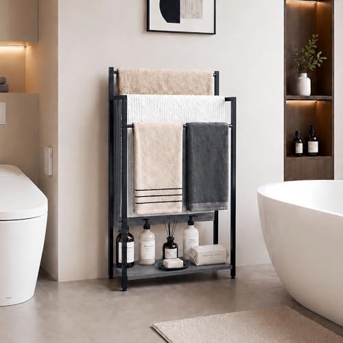 16.9" W Freestanding Towel Rack with Oak Grey Wood Shelf | 3 Tier Blanket Ladder Stand for Bathroom Living Room, Metal Frame,31.5"H x 16.9"W x7.9"D - color: Oak Grey, size: 31.5"H x 16.9"W x7.9"D