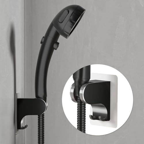 JONKEAN 3m Shower Head Holder Without Drilling Black, 1 Pack | 2 Practical Hooks Design, Angle Adjustable Bracket, Fits G1/2 Shower Hose, Easy to Install No drilling Required - style: Black