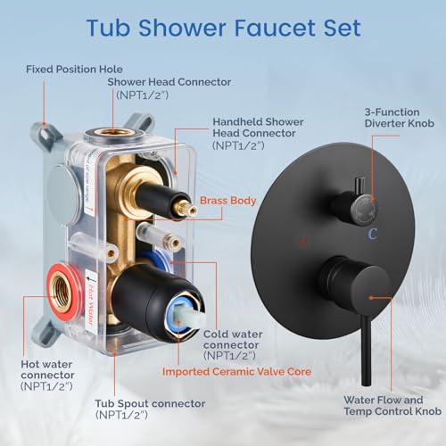 Airuida 3-Function Shower System with Tub Spout – Round Rainfall Shower Faucet Combo,Handheld Spray with 2 Functions,Includes Rough-In Valve with 360° Rotating Drain,10 Inch Shower Head,Matte Black - color: Matte Black, size: 10 Inch