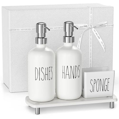 Cisily Housewarming Gifts New Home Basket, Kitchen Soap Dispenser Set Comes with Ceramics Sponge Holder, Silver Stainless Steel Pumps, and Instant Dry Tray, Hand and Dish Soap Dispenser Set - color: Silver + White+gift Box Packaging