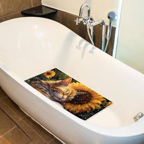 Bathtub Mat Non Slip 26.8x15.1 Inch, Cat Sunflower Shower Mat with Suction Cups and Drain Holes, Machine Washable Shower Mats for Inside Shower - color: Multi 1