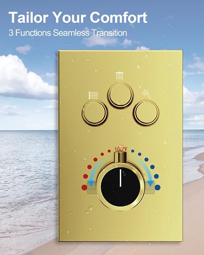 Shower Faucet Set with Handheld Spray, Brushed Gold | 12" Ceiling Mount SUS304 Rainfall Shower Head System, 6" Side Head, 3-Function Thermostatic Valve Trim Kit, All Metal - color: Brushed Gold