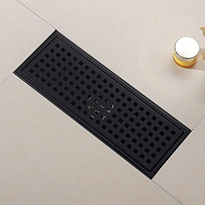 12 Inch Rectangular Shower Floor Drain, Detachable to Insert The Mesh Grille Cover, SUS304 Stainless Steel, Matt Black - color: Matt Black