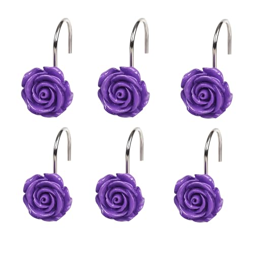 Twofish Home Purple Rose Flower Shower Curtain Hooks Anti Rust Shower Curtain Hooks Decorative Resin Purple Rose Flower Shower Curtain Rings Set of 12 - color: Purple Rose
