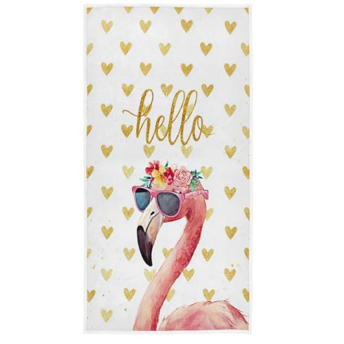 Pfrewn Hello Tropical Flamingo Hand Towels 16x30 in, Pink Golden Hearts Floral Thin Bathroom Towel, Ultra Soft Highly Absorbent Small Bath Towel Bathroom Decor - color: Flamingo