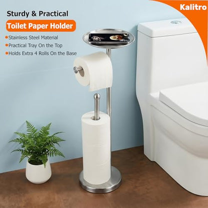 Kalitro Toilet Paper Holder Freestanding with Big Shelf, 4 Rolls Reserve Paper Holder Stand, Modern Paper Roll Holder with Storage Space for Phones (Brushed Nickel) - color: Brushed Nickel