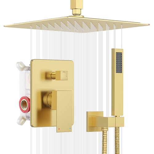 ESNBIA Gold Shower Head System, All Metal 12 Inches Ceiling Shower Faucet Set with Valve, Rain Shower Head with Handheld Spray Combo, Brushed Gold - color: Brushed Gold, size: 12 Inch