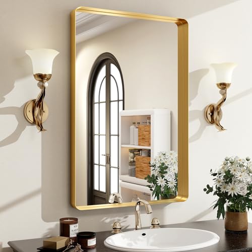 Easly 30 x 22 Inch Gold Bathroom Mirror for Wall,Aluminum Alloy Frame Rectangular Wall Mounted Mirror for Farmhouse Decor Horizontal or Vertical Ideal for Bedroom, Living Room - color: Gold, size: 30"L x 22"W
