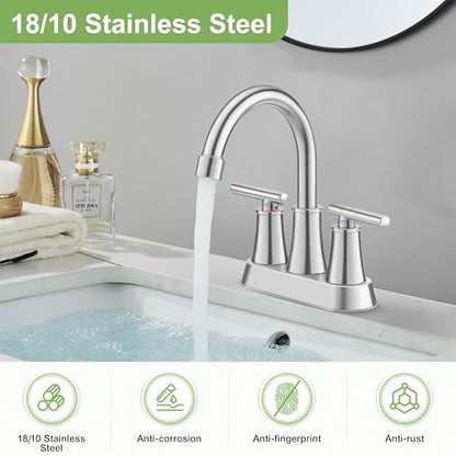 Herogo Bathroom Faucet for Sink 3 Holes Brushed Nickel, 4 Inch 2-Handle Centerset Bathroom Sink Faucet with Pop-Up Drain & Supply Hoses, 18/10 Stainless Steel, for RV Vanity Lavatory - color: Brushed Nickel, style: Cylindrical Handles
