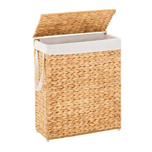 Handwoven Slim Laundry Hamper with Lid, Narrow Wicker Laundry Basket, Natural Water Hyacinth Basket and Handleswith Removable Liner Bag & 2 Mesh Bags (Natural with Lid, 75L) - color: Hyacinth with Lid, size: 75L