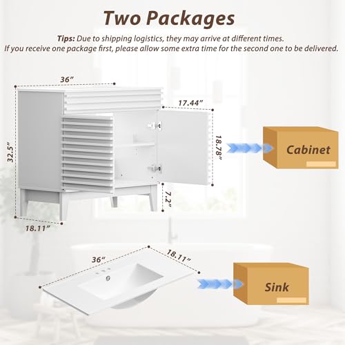 APRILSOUL 36" Bathroom Vanity with Ceramic Sink, Mid-Century Bathroom Vanity Cabinet with 2 Soft Closing Doors, Freestanding Bathroom Cabinet, Particleboard Frame with Wood Grain Laminate, White - color: White/ White Sink, size: 36 Inch