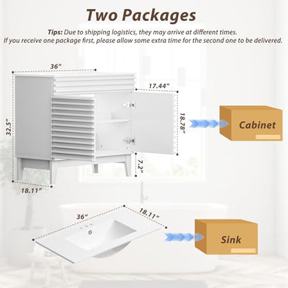 APRILSOUL 36" Bathroom Vanity with Ceramic Sink, Mid-Century Bathroom Vanity Cabinet with 2 Soft Closing Doors, Freestanding Bathroom Cabinet, Particleboard Frame with Wood Grain Laminate, White - color: White/ White Sink, size: 36 Inch