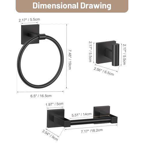Towel Ring Set 4 Piece Bathroom Hardware Set Includes Towel Ring 2 Towel Hooks and Toilet Paper Holder Stainless Steel Wall Mounted (Matte Black) - color: Matte Black, size: Set D