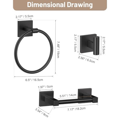 Towel Ring Set 4 Piece Bathroom Hardware Set Includes Towel Ring 2 Towel Hooks and Toilet Paper Holder Stainless Steel Wall Mounted (Matte Black) - color: Matte Black, size: Set D