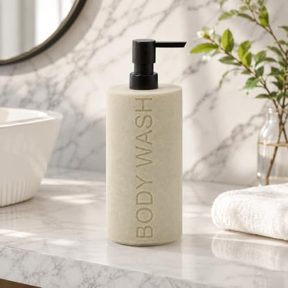 Resin Tan Sandstone Body Wash Engraved Bottle Refillable Pump Dispenser, Durable Waterproof Resin Construction for Bath, Shower - Tan Sandstone, ORB Pump - color: Tan Sandstone Resin, Orb Pump - Body Wash